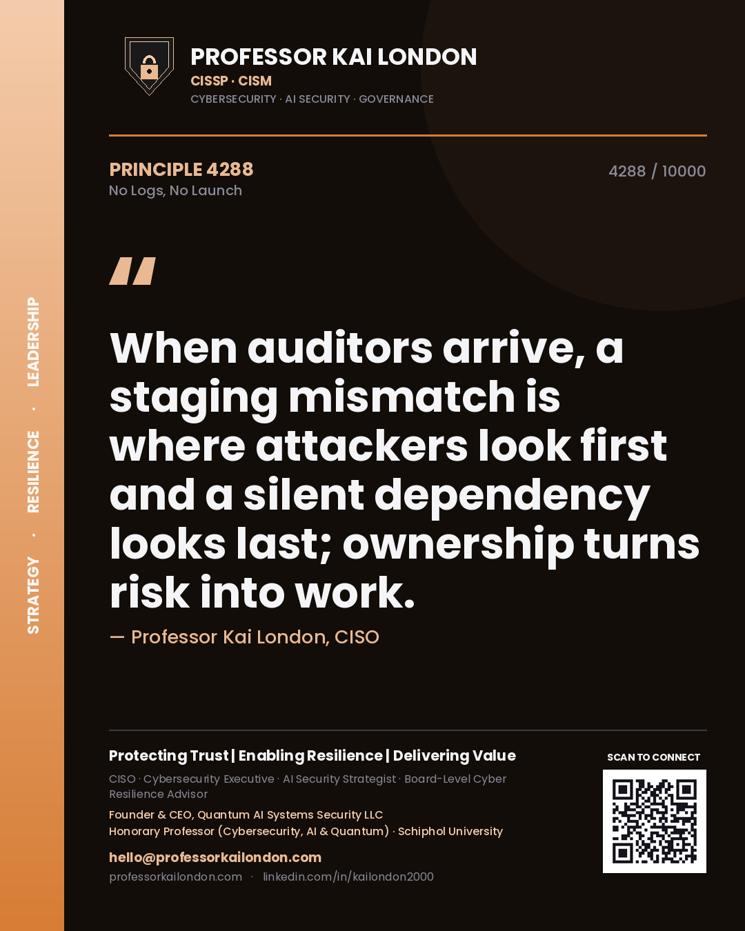 Professor Kai London principle 4288: When auditors arrive, a staging mismatch is where attackers look first and a silent dependency looks last; ownership turns risk into work.