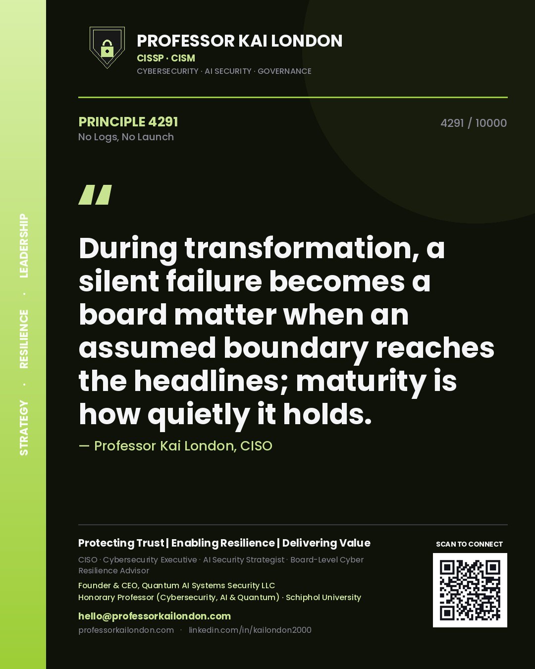 Professor Kai London principle 4291: During transformation, a silent failure becomes a board matter when an assumed boundary reaches the headlines; maturity is how quietly it holds.