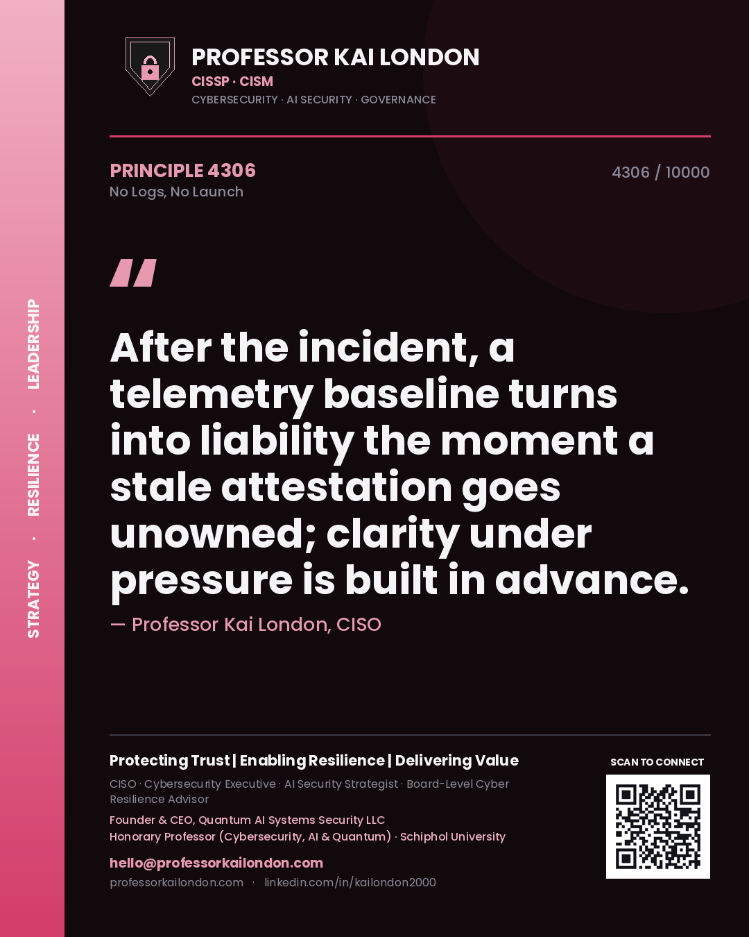 Quote card by Professor Kai London reading 'After the incident, a telemetry baseline turns into liability the moment a stale attestation goes unowned; clarity under pressure is built in advance.'. From the book No Logs, No Launch.