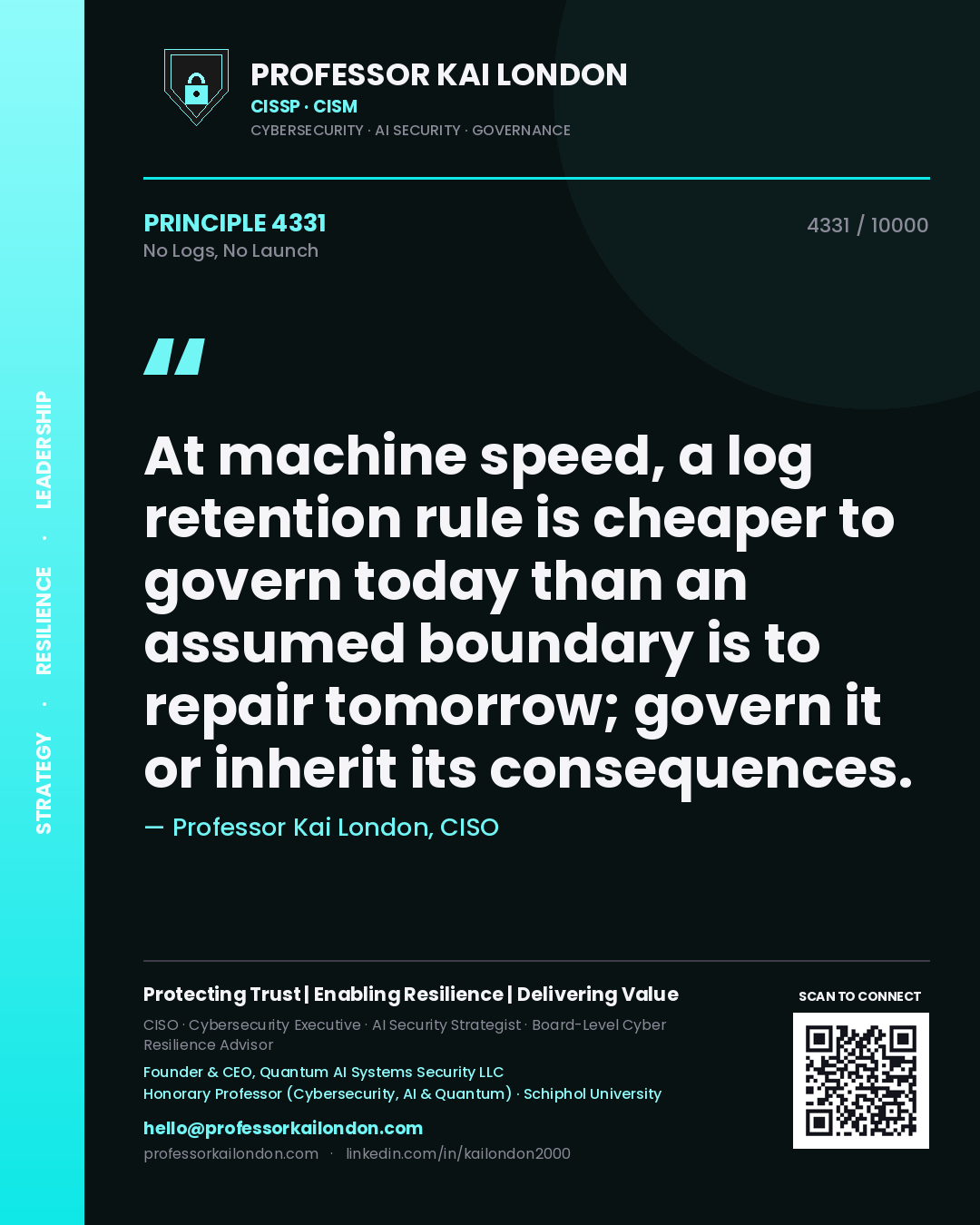 Professor Kai London principle 4331: At machine speed, a log retention rule is cheaper to govern today than an assumed boundary is to repair tomorrow; govern it or inherit its consequences.