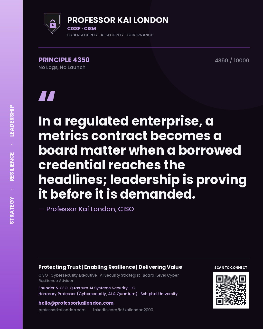 Professor Kai London principle 4350: In a regulated enterprise, a metrics contract becomes a board matter when a borrowed credential reaches the headlines; leadership is proving it before it is demanded.