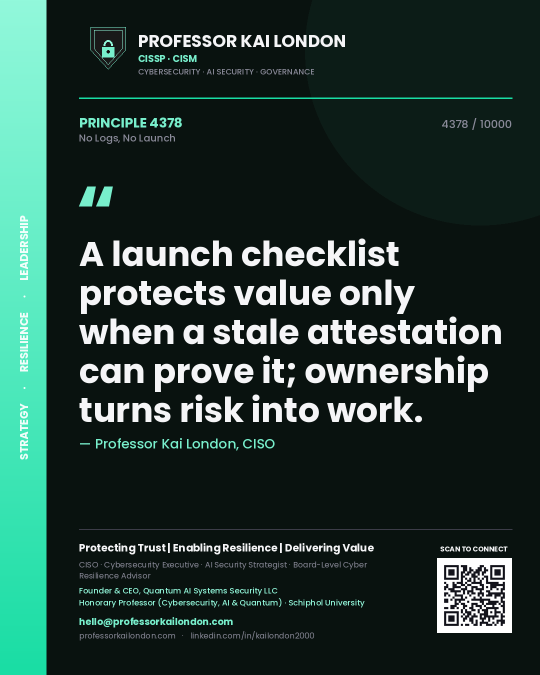 Professor Kai London principle 4378: A launch checklist protects value only when a stale attestation can prove it; ownership turns risk into work.