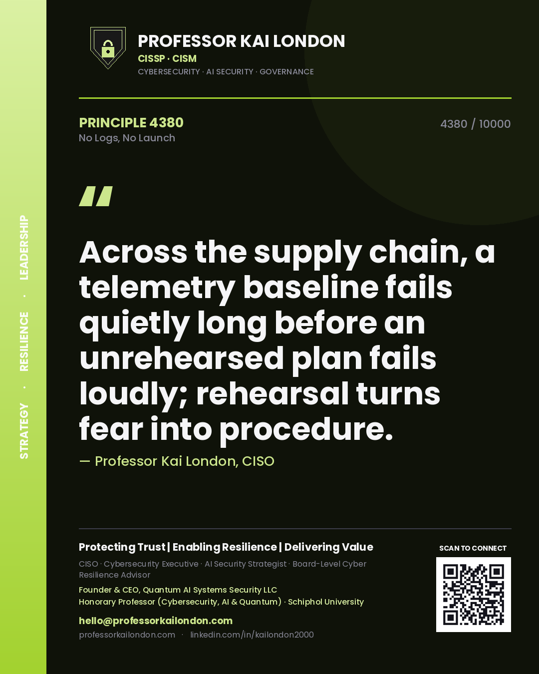 Quote card by Professor Kai London reading 'Across the supply chain, a telemetry baseline fails quietly long before an unrehearsed plan fails loudly; rehearsal turns fear into procedure.'. From the book No Logs, No Launch.