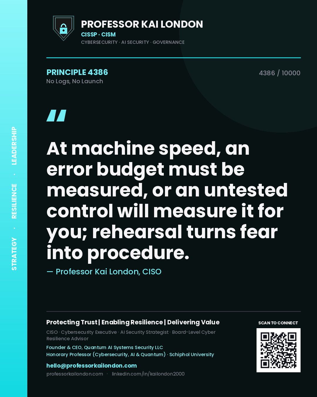 Quote card by Professor Kai London reading 'At machine speed, an error budget must be measured, or an untested control will measure it for you; rehearsal turns fear into procedure.'. From the book No Logs, No Launch.