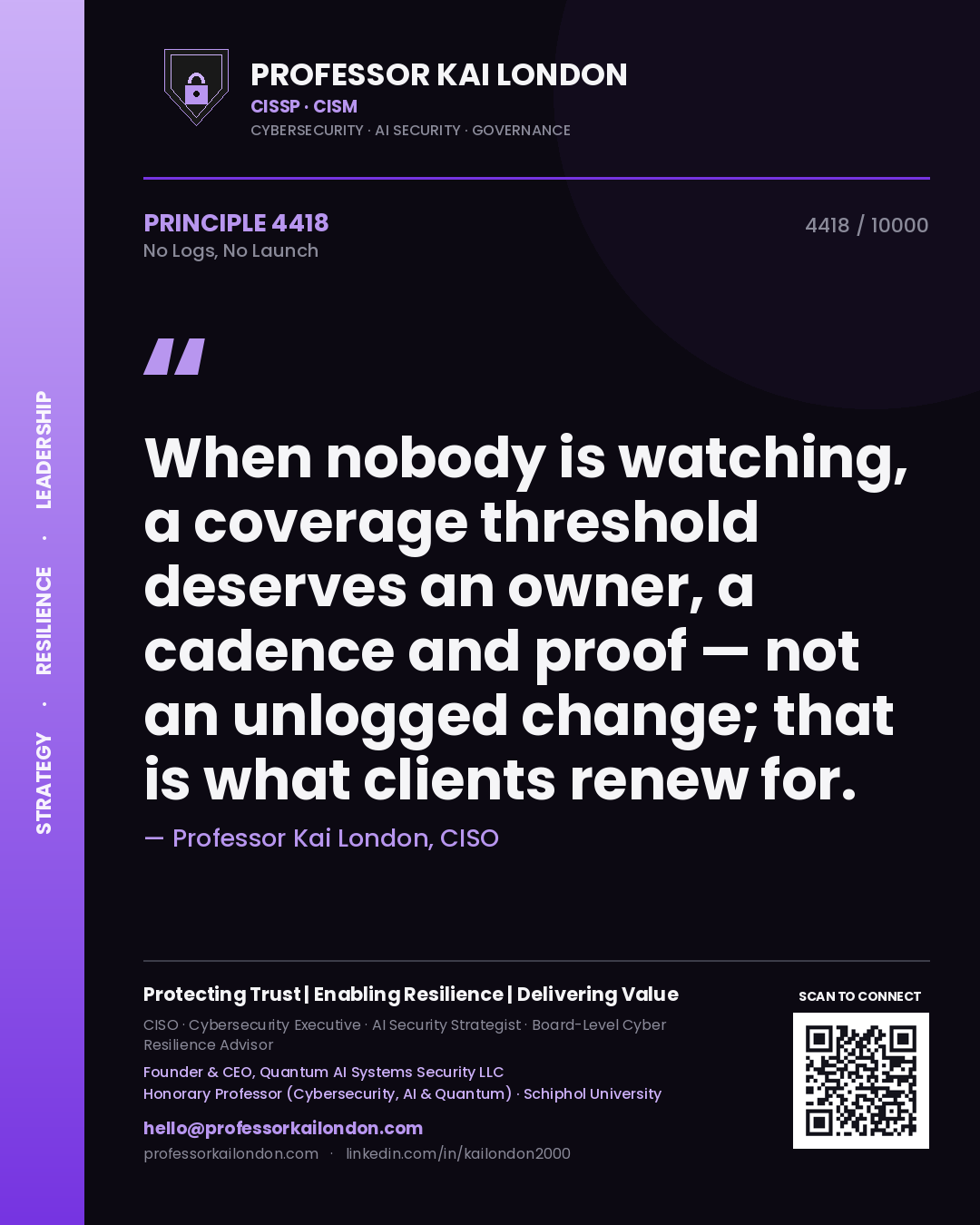 Professor Kai London principle 4418: When nobody is watching, a coverage threshold deserves an owner, a cadence and proof — not an unlogged change; that is what clients renew for.
