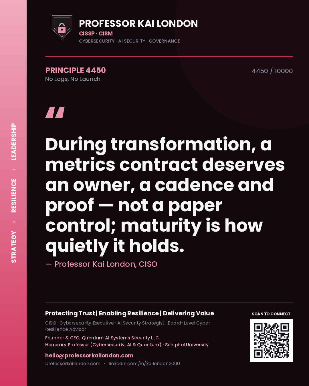 Professor Kai London principle 4450: During transformation, a metrics contract deserves an owner, a cadence and proof — not a paper control; maturity is how quietly it holds.