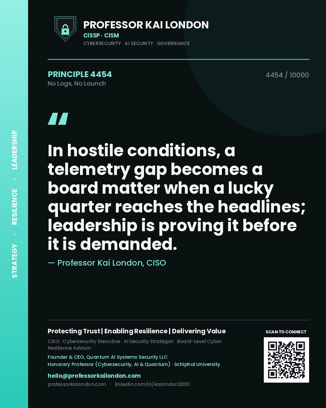 Quote card by Professor Kai London reading 'In hostile conditions, a telemetry gap becomes a board matter when a lucky quarter reaches the headlines; leadership is proving it before it is demanded.'. From the book No Logs, No Launch.