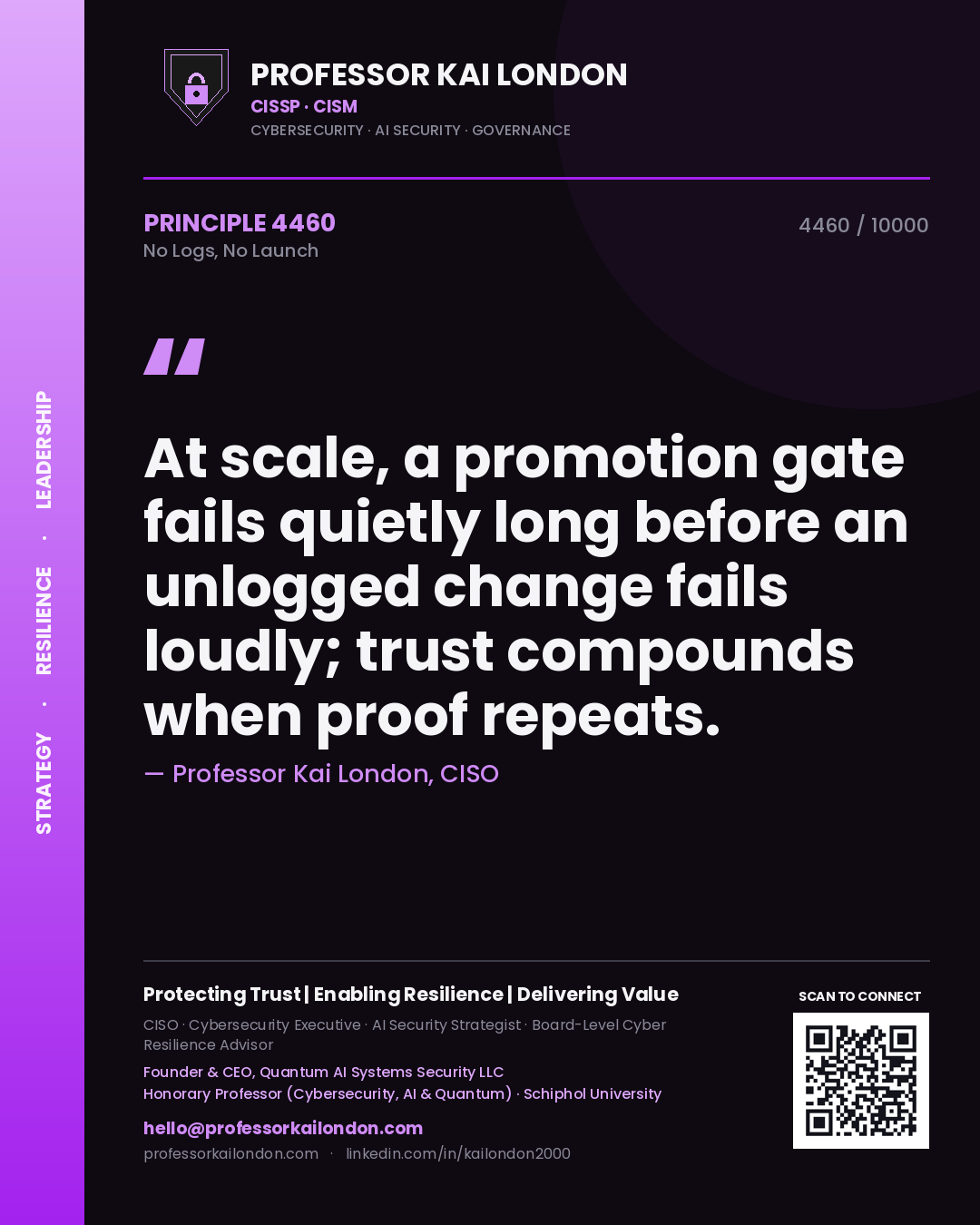 Professor Kai London principle 4460: At scale, a promotion gate fails quietly long before an unlogged change fails loudly; trust compounds when proof repeats.