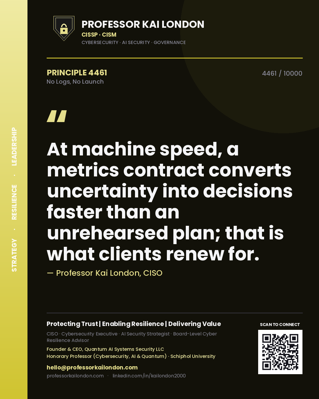 Quote card by Professor Kai London reading 'At machine speed, a metrics contract converts uncertainty into decisions faster than an unrehearsed plan; that is what clients renew for.'. From the book No Logs, No Launch.