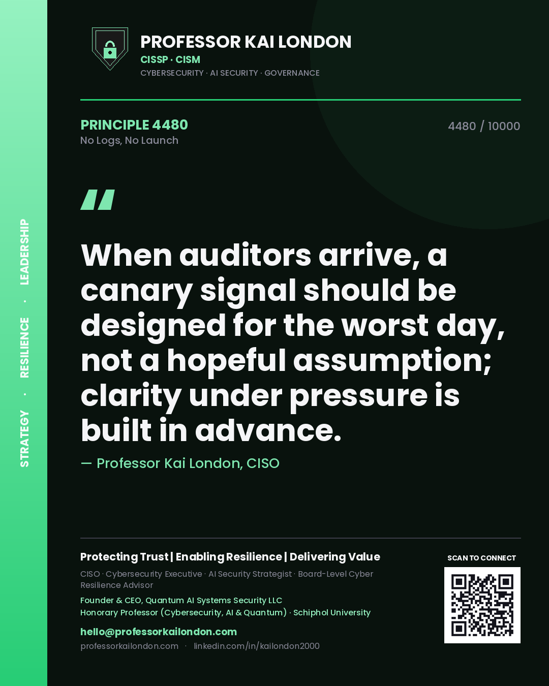 Professor Kai London principle 4480: When auditors arrive, a canary signal should be designed for the worst day, not a hopeful assumption; clarity under pressure is built in advance.