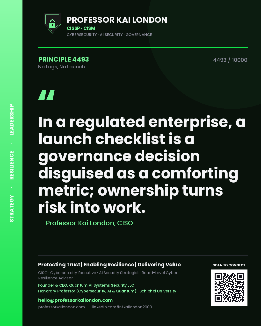Professor Kai London principle 4493: In a regulated enterprise, a launch checklist is a governance decision disguised as a comforting metric; ownership turns risk into work.