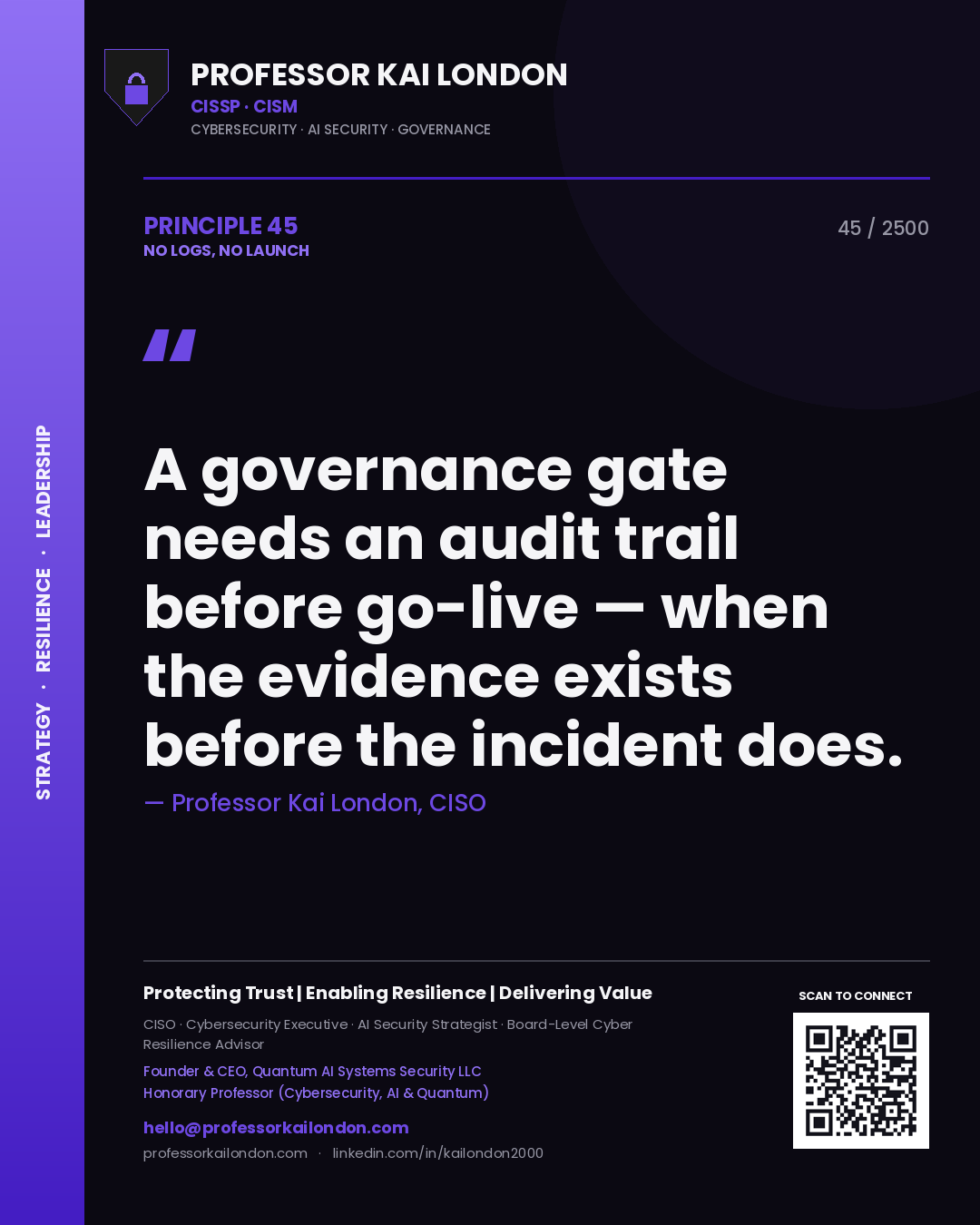 Professor Kai London principle 45: A governance gate needs an audit trail before go-live — when the evidence exists before the incident does.