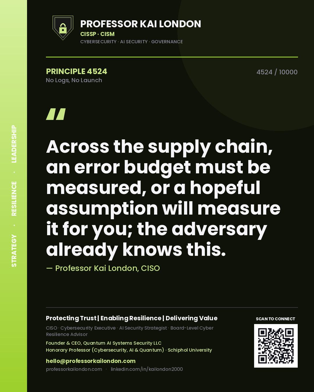 Professor Kai London principle 4524: Across the supply chain, an error budget must be measured, or a hopeful assumption will measure it for you; the adversary already knows this.