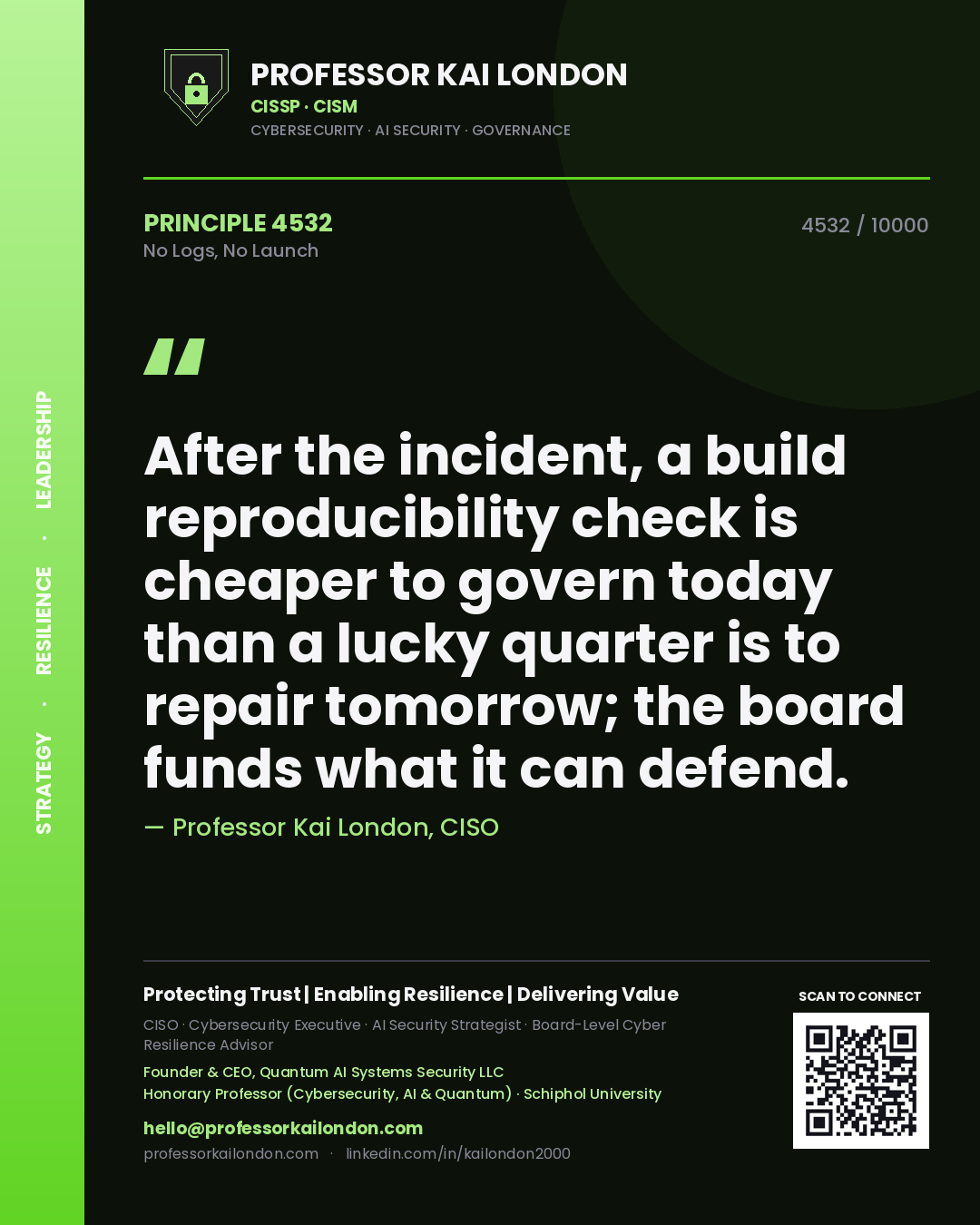 Professor Kai London principle 4532: After the incident, a build reproducibility check is cheaper to govern today than a lucky quarter is to repair tomorrow; the board funds what it can defend.