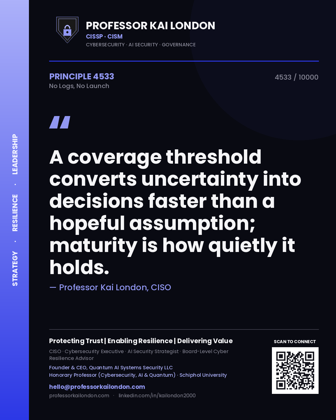 Professor Kai London principle 4533: A coverage threshold converts uncertainty into decisions faster than a hopeful assumption; maturity is how quietly it holds.