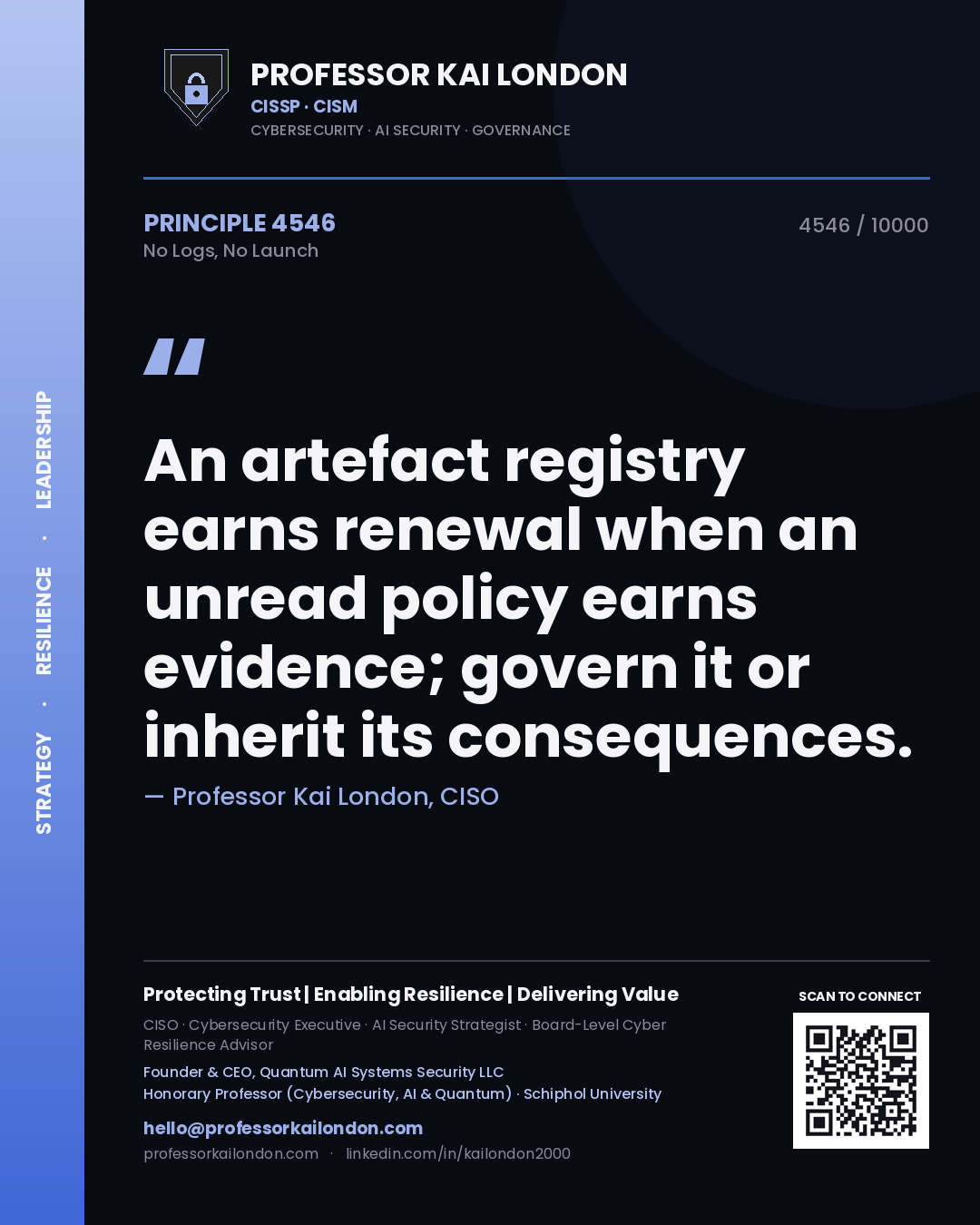 Professor Kai London principle 4546: An artefact registry earns renewal when an unread policy earns evidence; govern it or inherit its consequences.