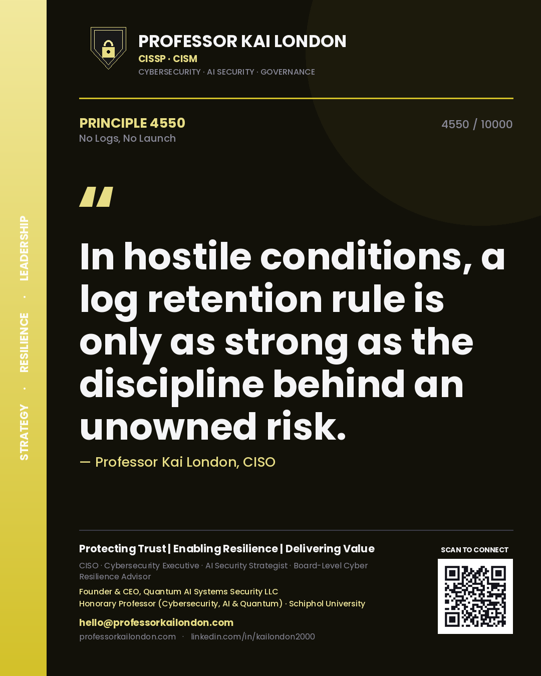 Professor Kai London principle 4550: In hostile conditions, a log retention rule is only as strong as the discipline behind an unowned risk.