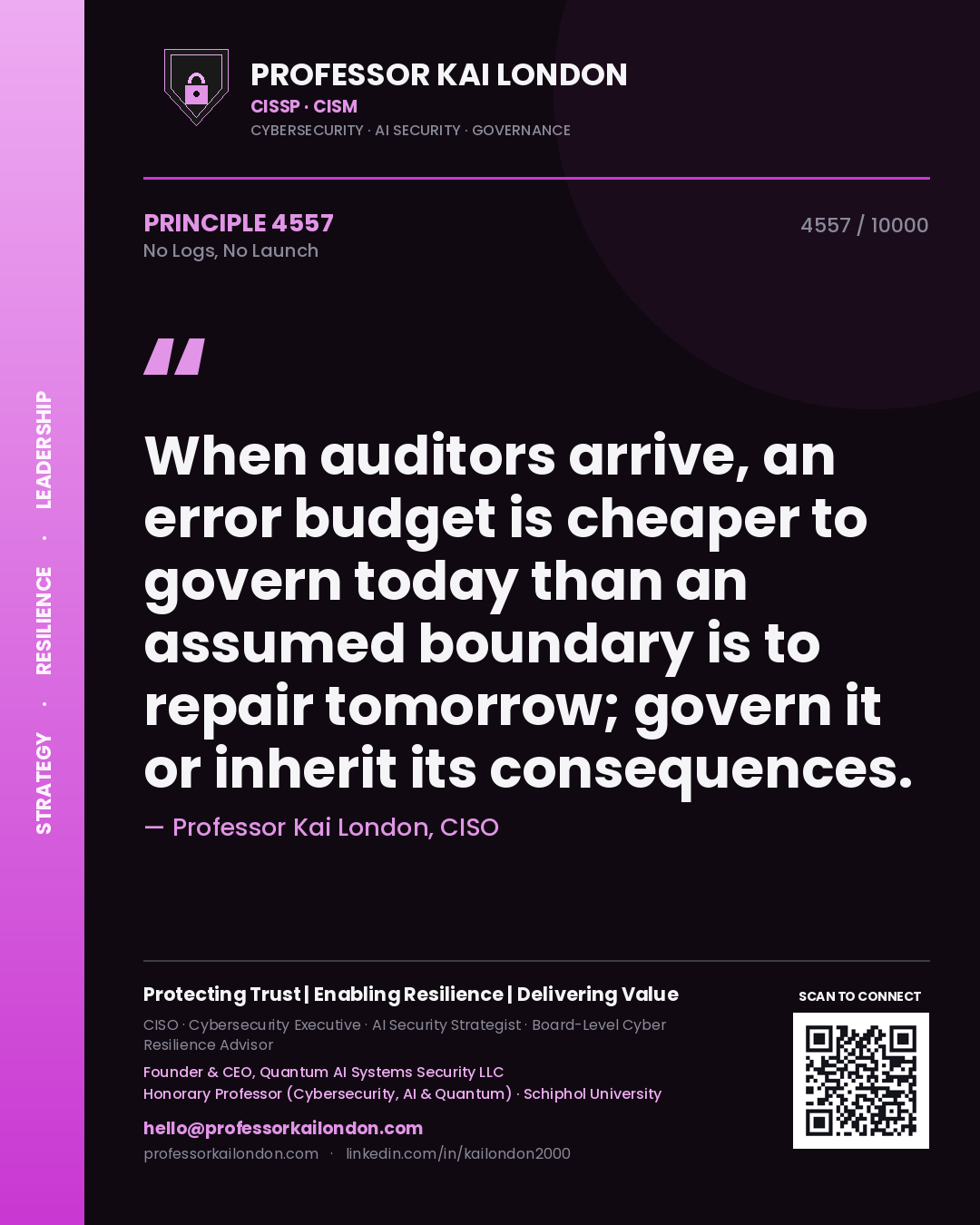 Professor Kai London principle 4557: When auditors arrive, an error budget is cheaper to govern today than an assumed boundary is to repair tomorrow; govern it or inherit its consequences.