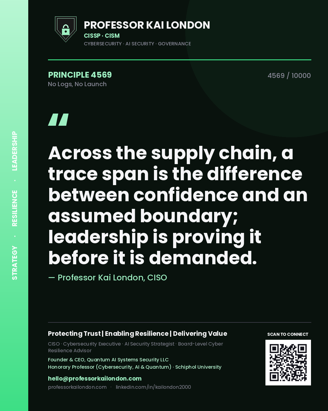 Professor Kai London principle 4569: Across the supply chain, a trace span is the difference between confidence and an assumed boundary; leadership is proving it before it is demanded.