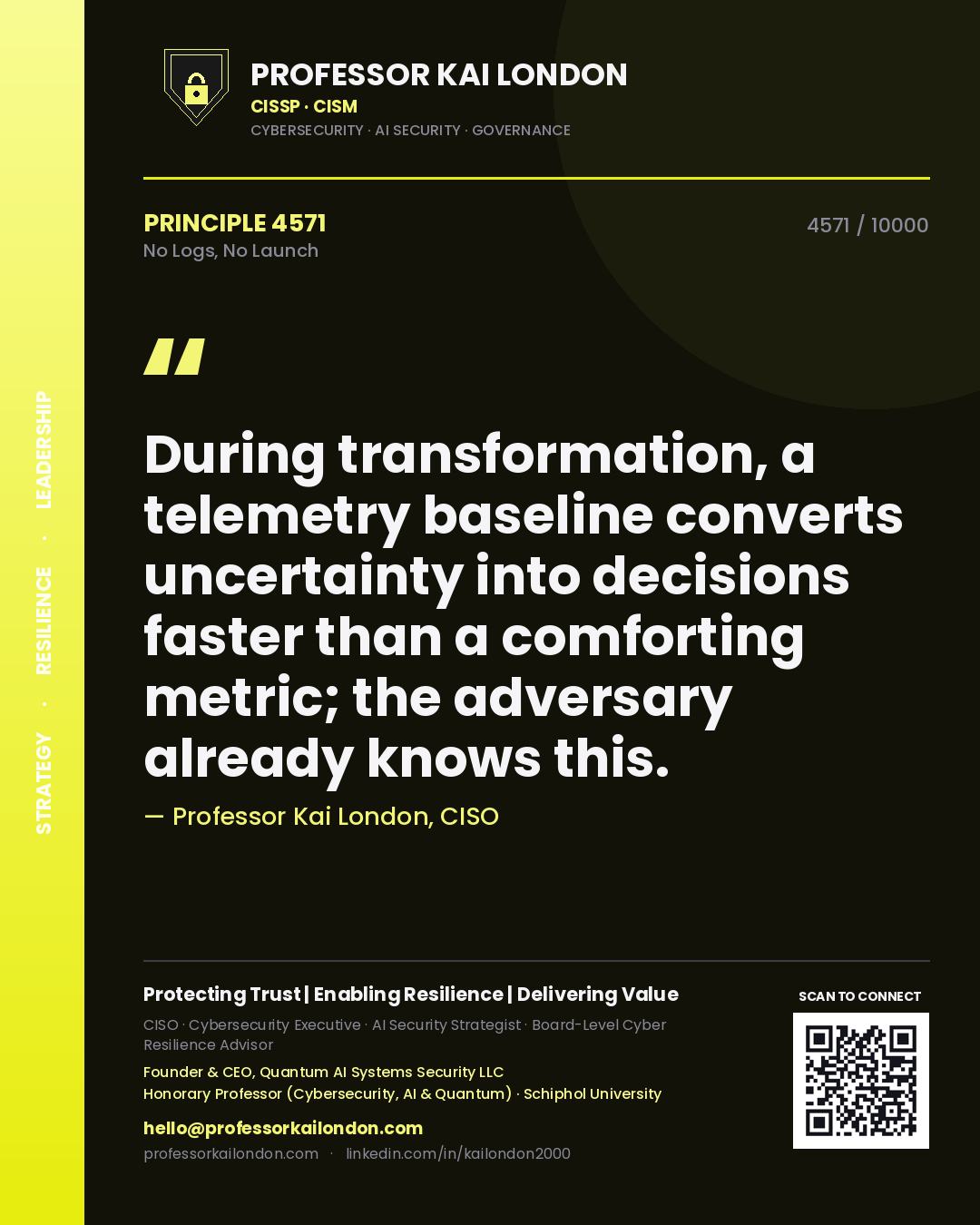 Professor Kai London principle 4571: During transformation, a telemetry baseline converts uncertainty into decisions faster than a comforting metric; the adversary already knows this.