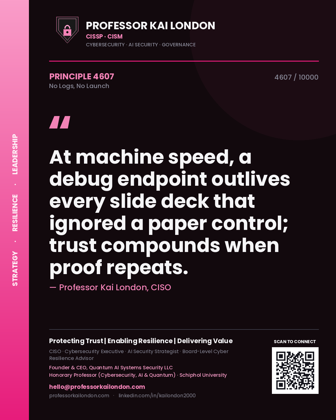 Quote card by Professor Kai London reading 'At machine speed, a debug endpoint outlives every slide deck that ignored a paper control; trust compounds when proof repeats.'. From the book No Logs, No Launch.