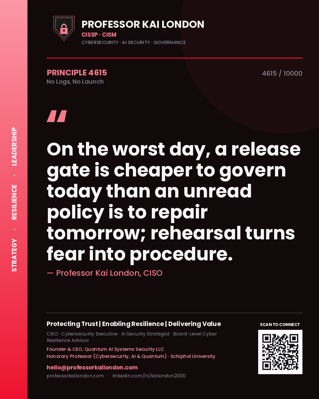 Quote card by Professor Kai London reading 'On the worst day, a release gate is cheaper to govern today than an unread policy is to repair tomorrow; rehearsal turns fear into procedure.'. From the book No Logs, No Launch.