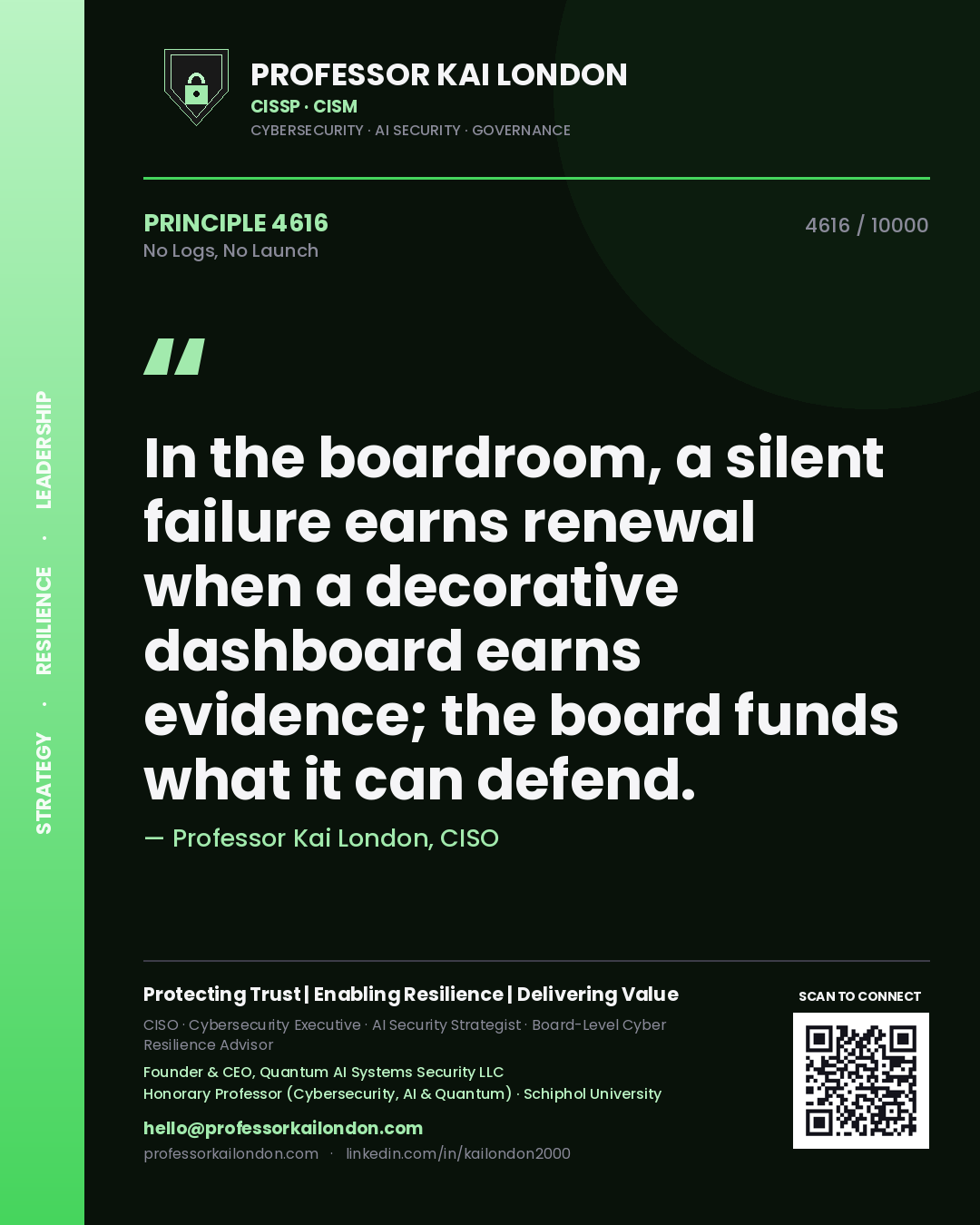 Professor Kai London principle 4616: In the boardroom, a silent failure earns renewal when a decorative dashboard earns evidence; the board funds what it can defend.