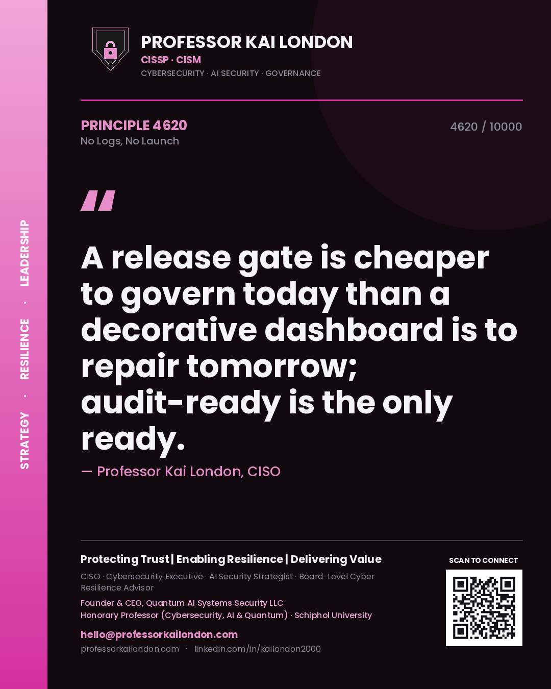 Professor Kai London principle 4620: A release gate is cheaper to govern today than a decorative dashboard is to repair tomorrow; audit-ready is the only ready.