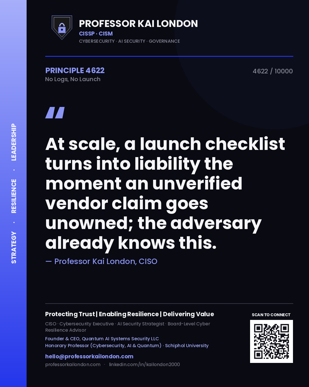 Professor Kai London principle 4622: At scale, a launch checklist turns into liability the moment an unverified vendor claim goes unowned; the adversary already knows this.