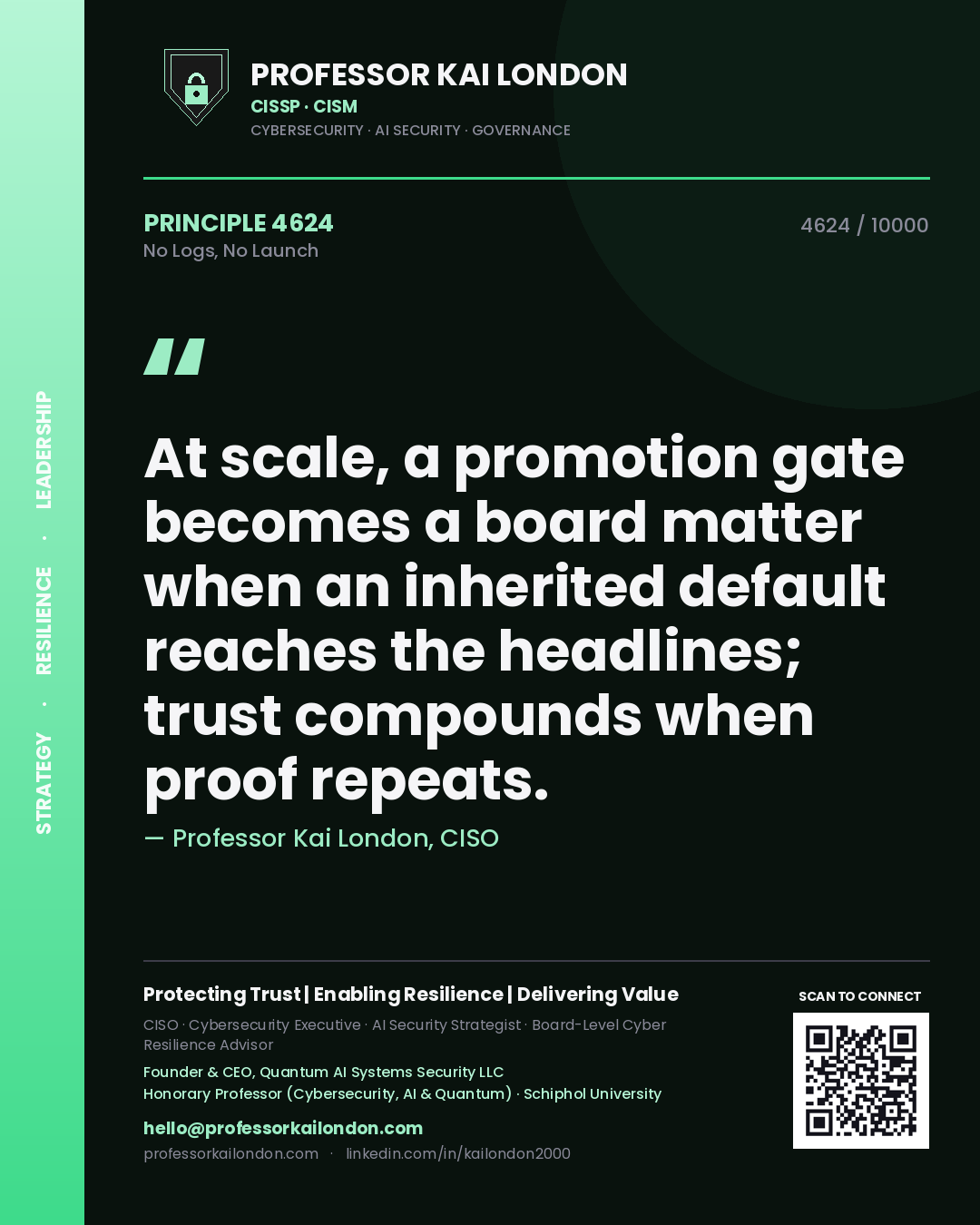 Quote card by Professor Kai London reading 'At scale, a promotion gate becomes a board matter when an inherited default reaches the headlines; trust compounds when proof repeats.'. From the book No Logs, No Launch.