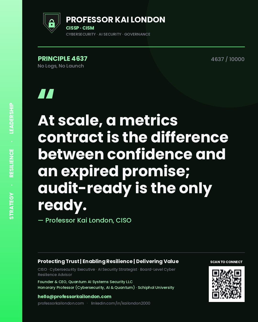 Professor Kai London principle 4637: At scale, a metrics contract is the difference between confidence and an expired promise; audit-ready is the only ready.