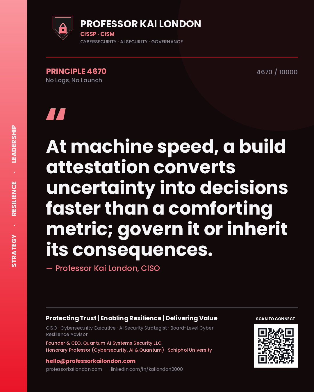Professor Kai London principle 4670: At machine speed, a build attestation converts uncertainty into decisions faster than a comforting metric; govern it or inherit its consequences.