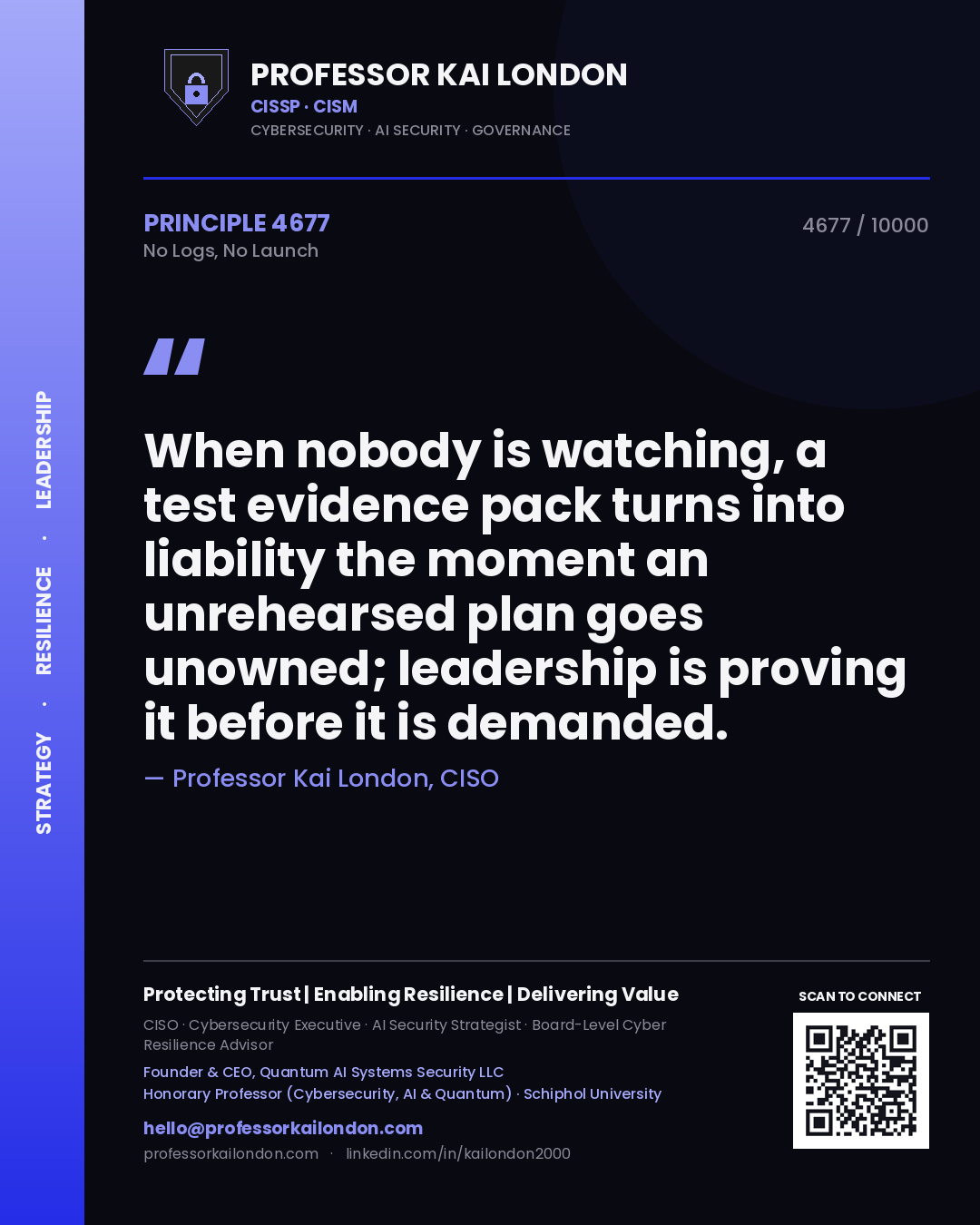 Professor Kai London principle 4677: When nobody is watching, a test evidence pack turns into liability the moment an unrehearsed plan goes unowned; leadership is proving it before it is demanded.