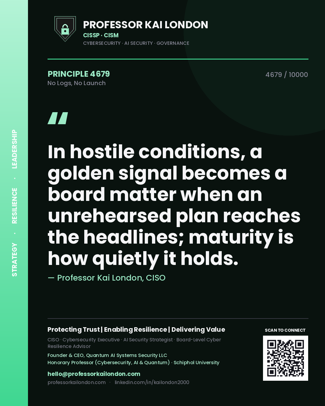 Quote card by Professor Kai London reading 'In hostile conditions, a golden signal becomes a board matter when an unrehearsed plan reaches the headlines; maturity is how quietly it holds.'. From the book No Logs, No Launch.