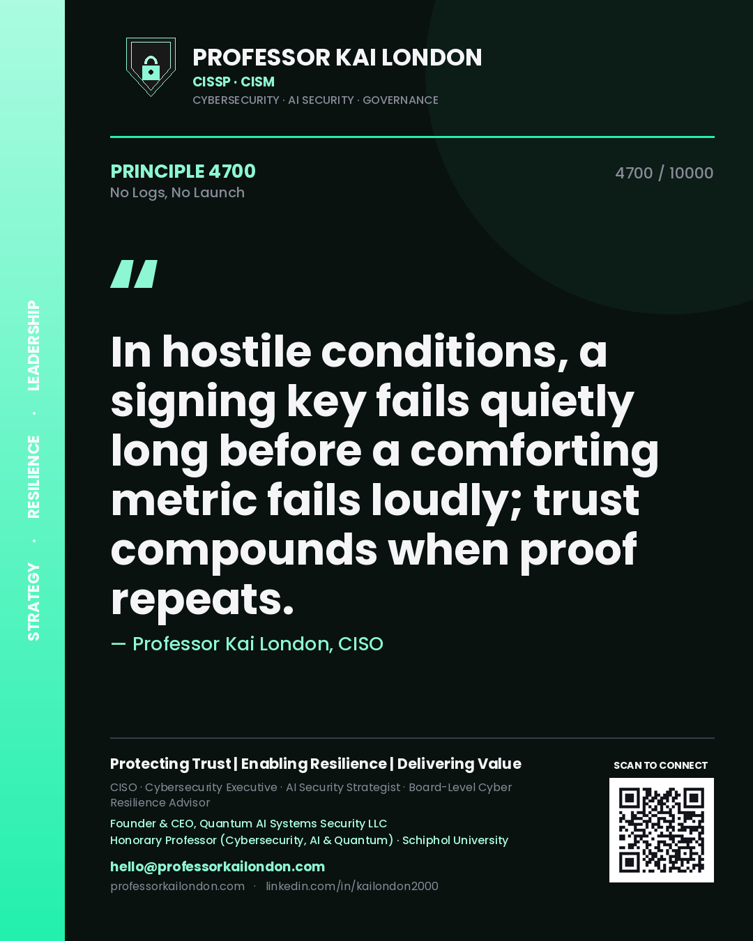Quote card by Professor Kai London reading 'In hostile conditions, a signing key fails quietly long before a comforting metric fails loudly; trust compounds when proof repeats.'. From the book No Logs, No Launch.