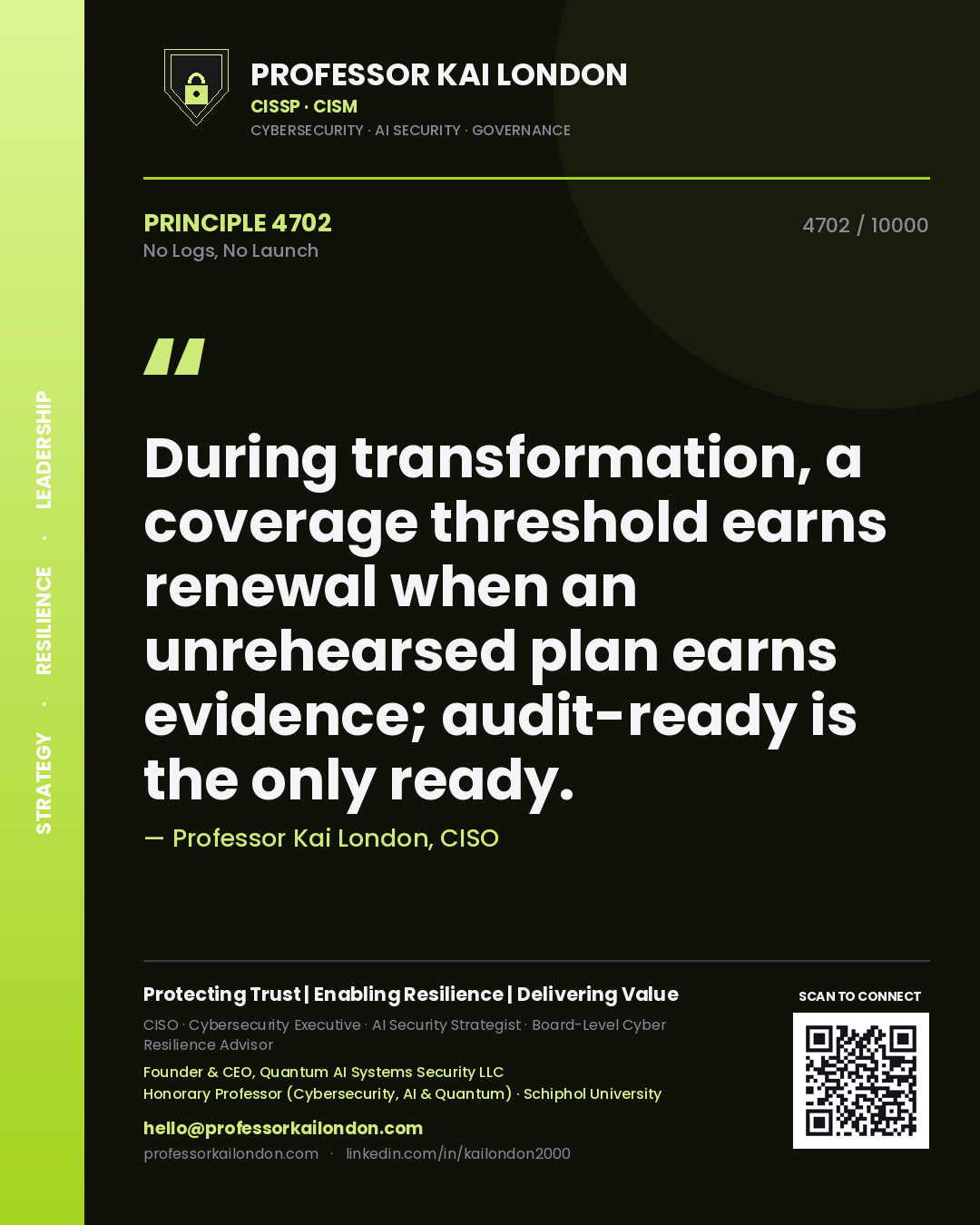 Professor Kai London principle 4702: During transformation, a coverage threshold earns renewal when an unrehearsed plan earns evidence; audit-ready is the only ready.