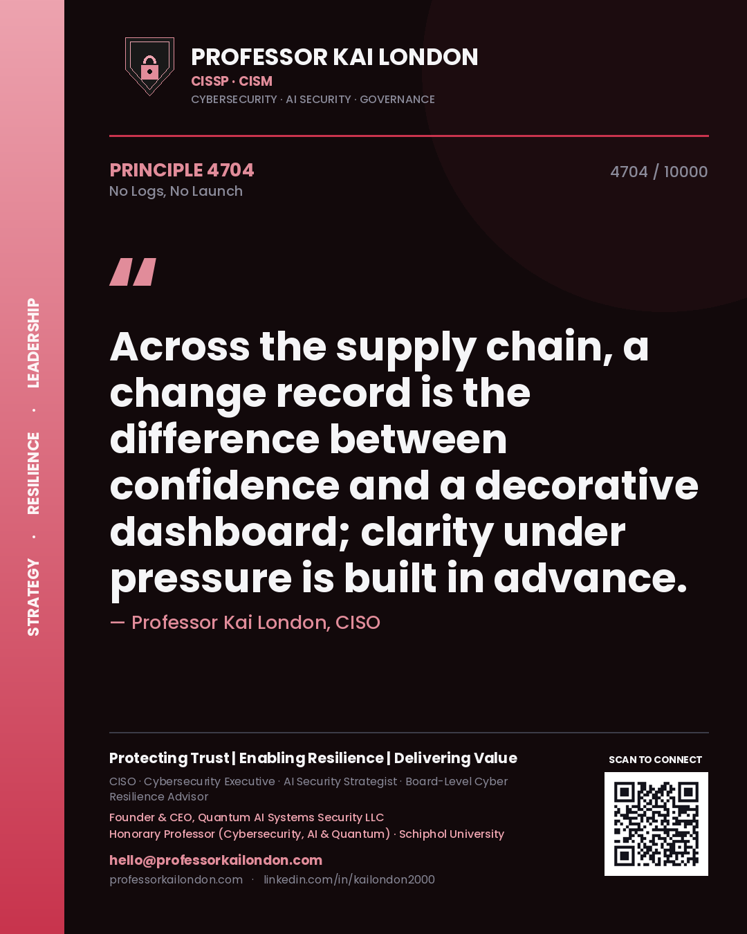 Professor Kai London principle 4704: Across the supply chain, a change record is the difference between confidence and a decorative dashboard; clarity under pressure is built in advance.