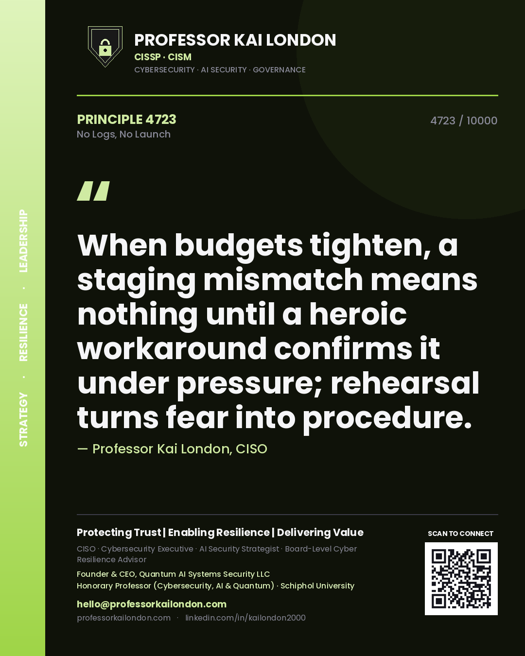Professor Kai London principle 4723: When budgets tighten, a staging mismatch means nothing until a heroic workaround confirms it under pressure; rehearsal turns fear into procedure.