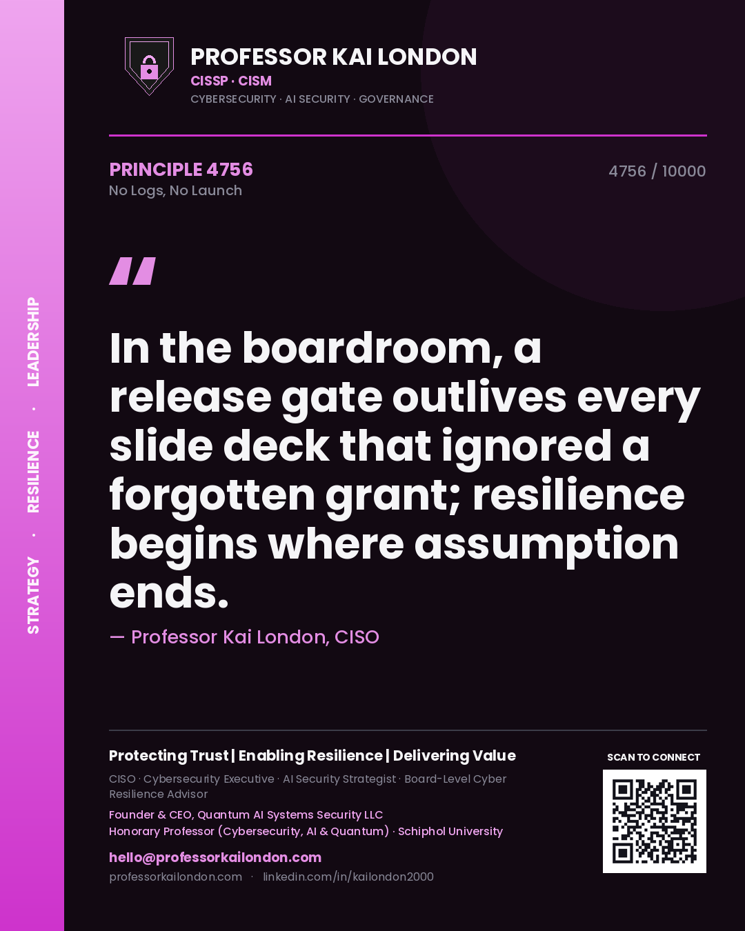 Professor Kai London principle 4756: In the boardroom, a release gate outlives every slide deck that ignored a forgotten grant; resilience begins where assumption ends.