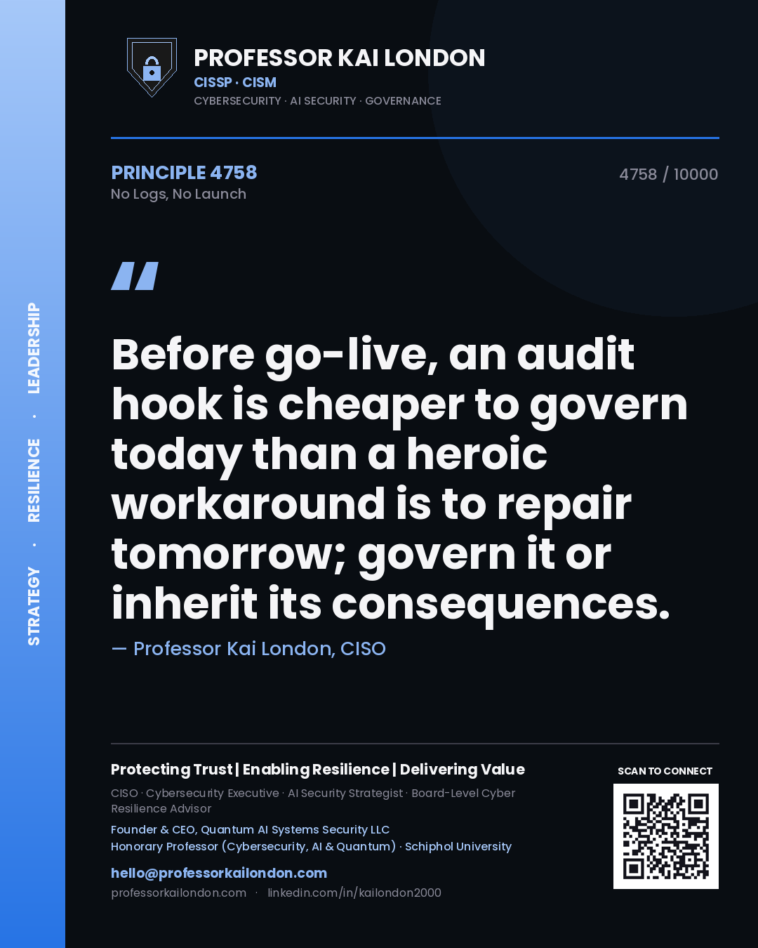 Professor Kai London principle 4758: Before go-live, an audit hook is cheaper to govern today than a heroic workaround is to repair tomorrow; govern it or inherit its consequences.