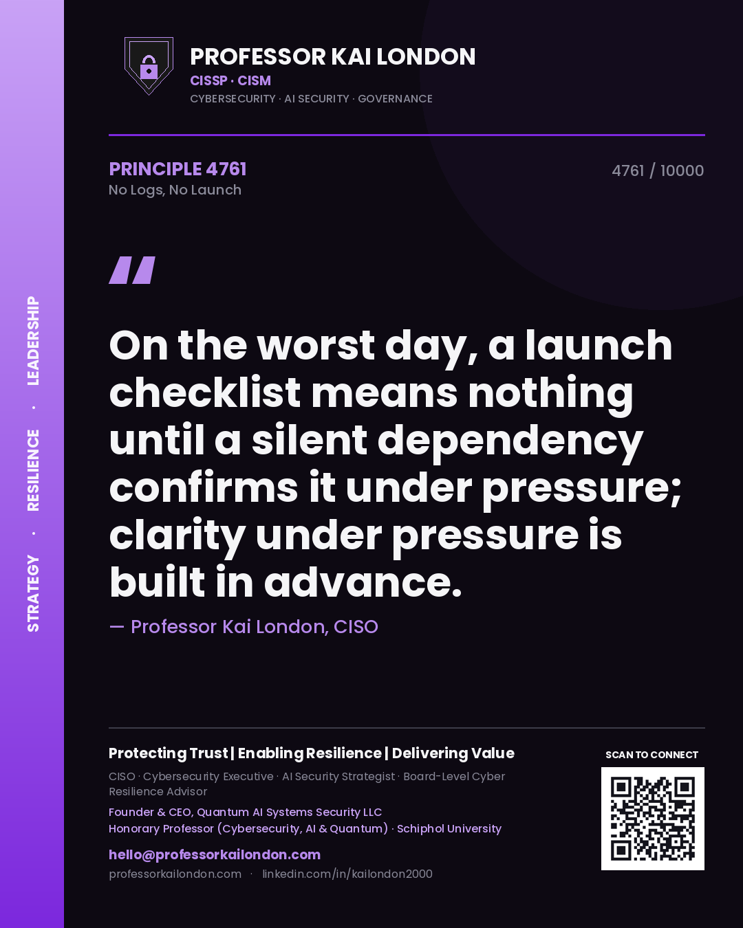 Professor Kai London principle 4761: On the worst day, a launch checklist means nothing until a silent dependency confirms it under pressure; clarity under pressure is built in advance.