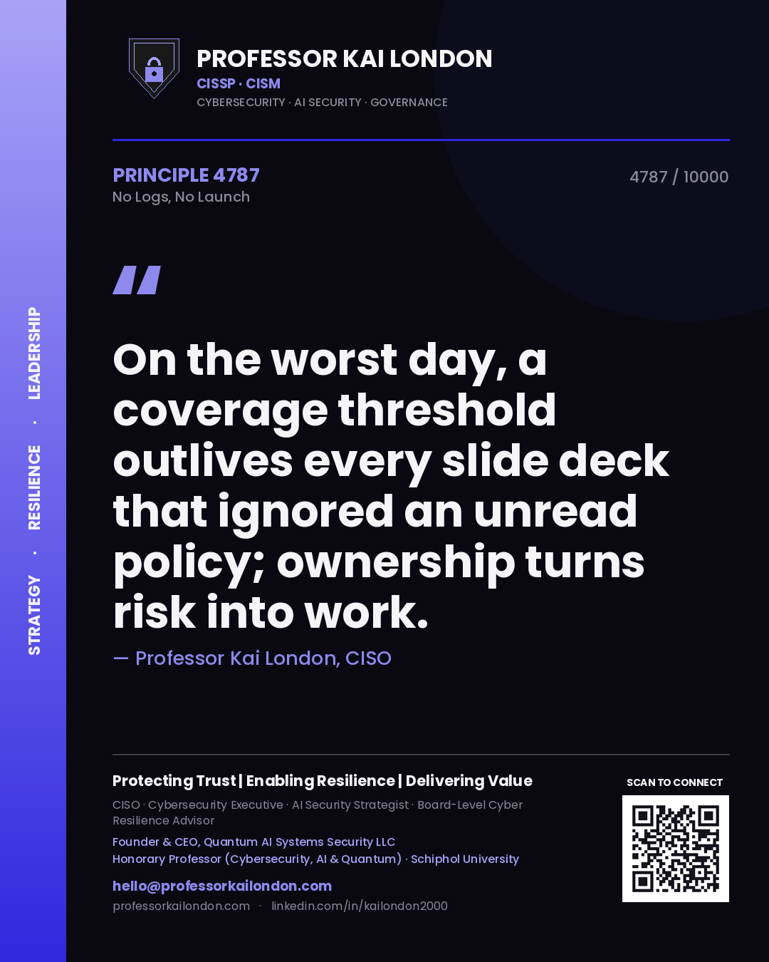 Professor Kai London principle 4787: On the worst day, a coverage threshold outlives every slide deck that ignored an unread policy; ownership turns risk into work.