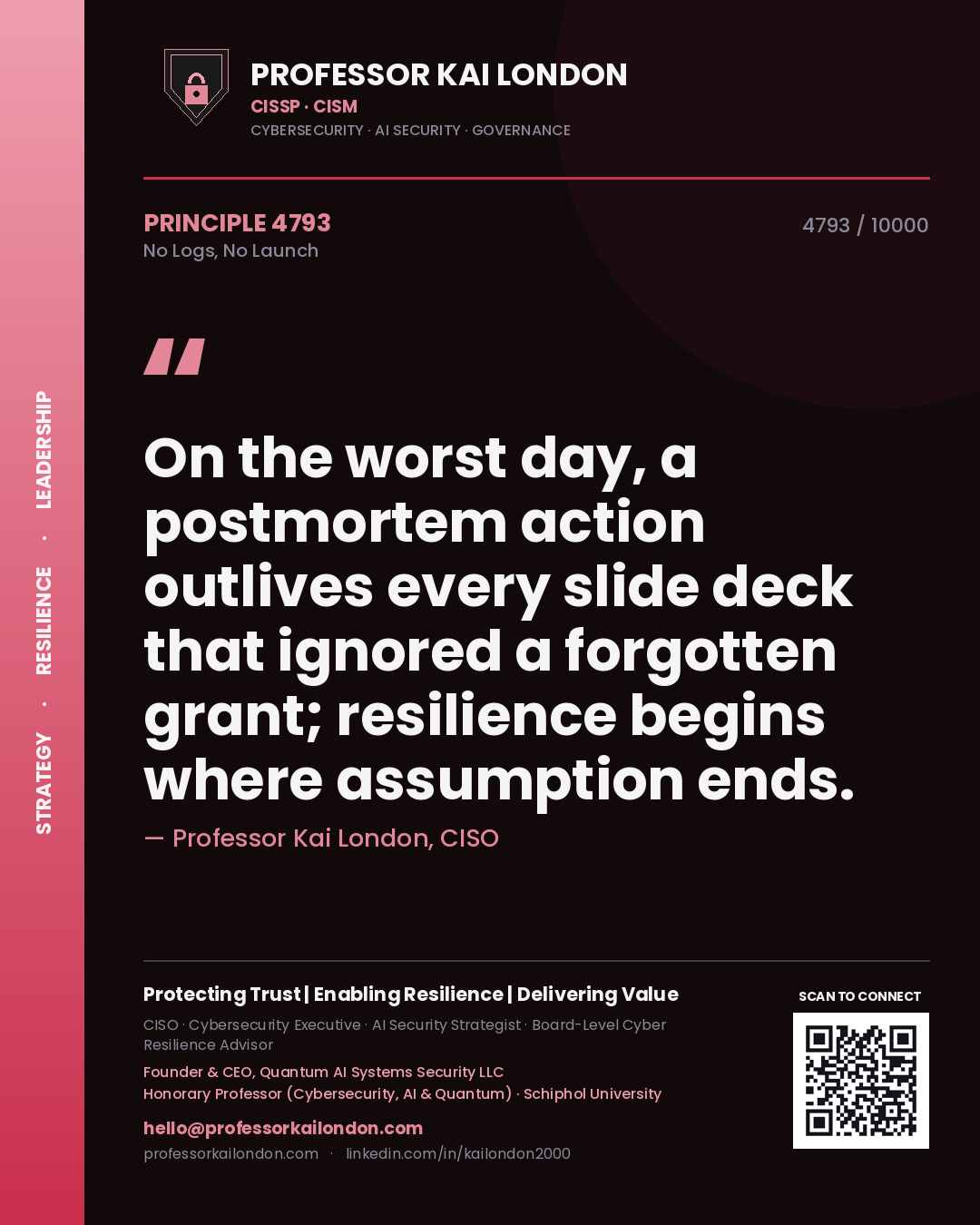 Quote card by Professor Kai London reading 'On the worst day, a postmortem action outlives every slide deck that ignored a forgotten grant; resilience begins where assumption ends.'. From the book No Logs, No Launch.