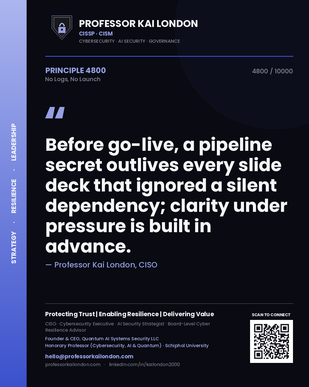 Professor Kai London principle 4800: Before go-live, a pipeline secret outlives every slide deck that ignored a silent dependency; clarity under pressure is built in advance.