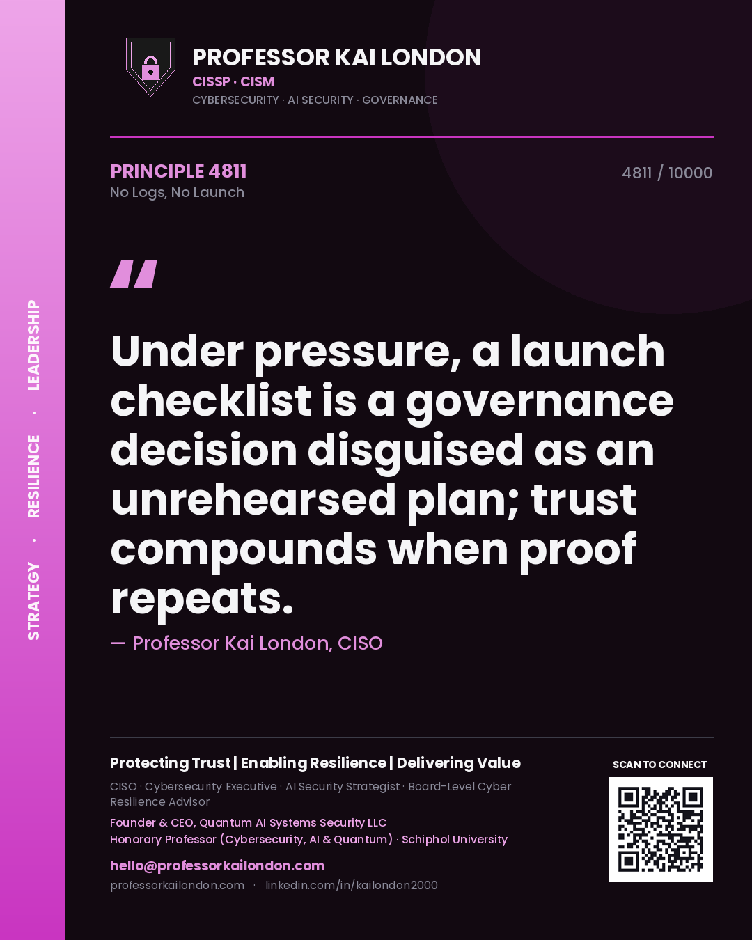 Quote card by Professor Kai London reading 'Under pressure, a launch checklist is a governance decision disguised as an unrehearsed plan; trust compounds when proof repeats.'. From the book No Logs, No Launch.