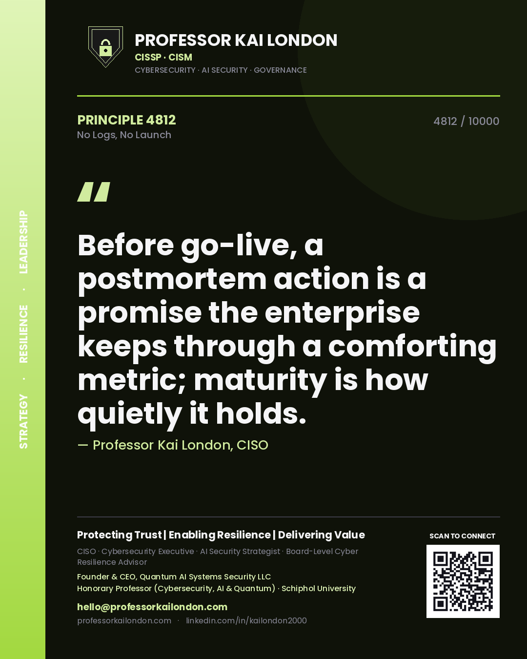 Professor Kai London principle 4812: Before go-live, a postmortem action is a promise the enterprise keeps through a comforting metric; maturity is how quietly it holds.