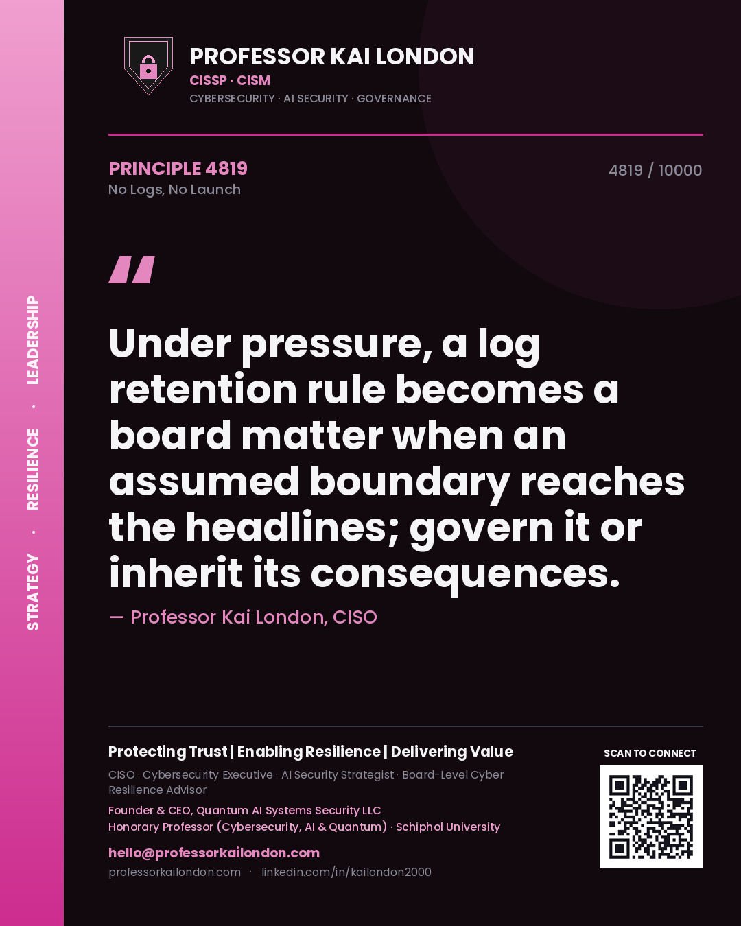 Professor Kai London principle 4819: Under pressure, a log retention rule becomes a board matter when an assumed boundary reaches the headlines; govern it or inherit its consequences.