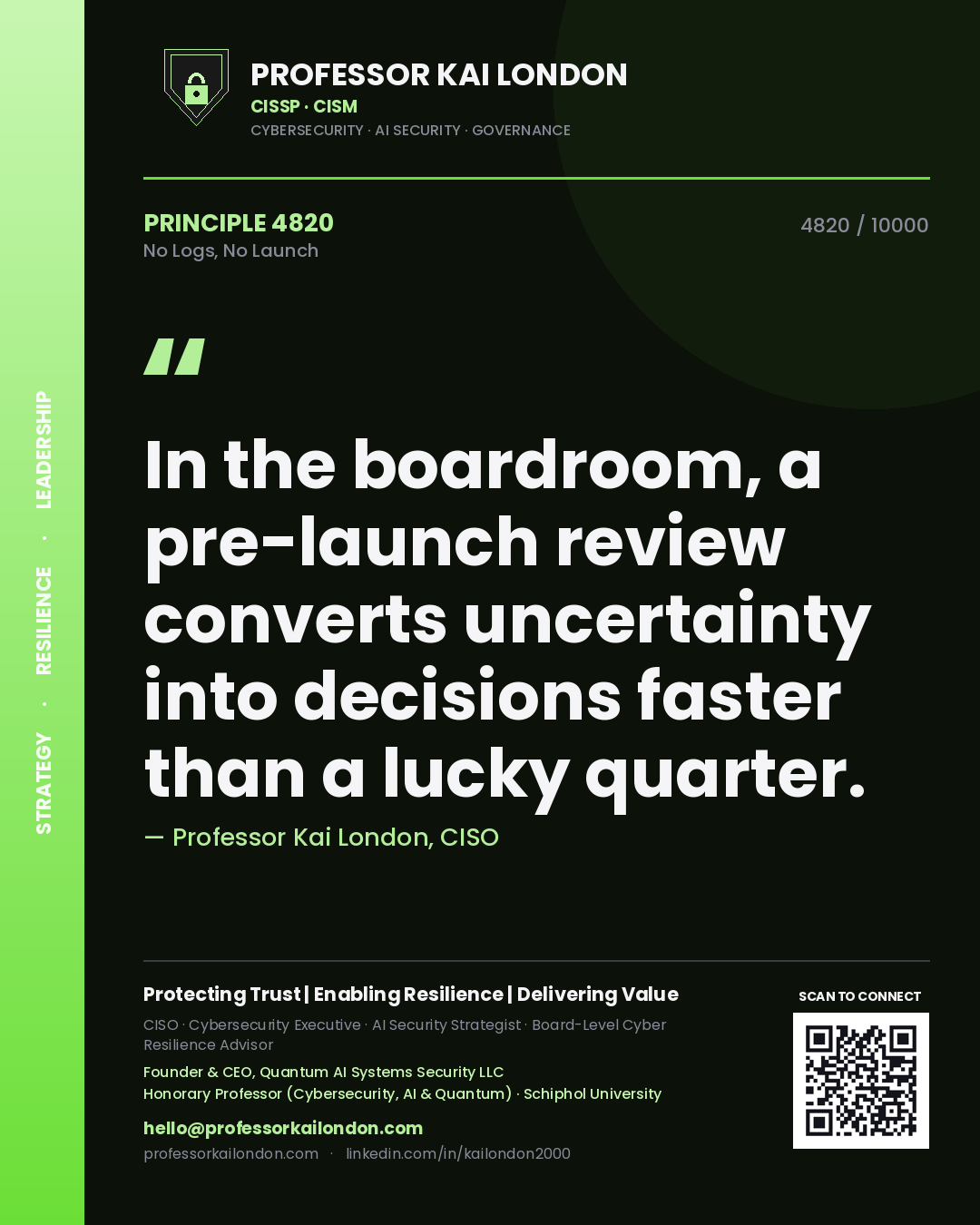 Professor Kai London principle 4820: In the boardroom, a pre-launch review converts uncertainty into decisions faster than a lucky quarter.