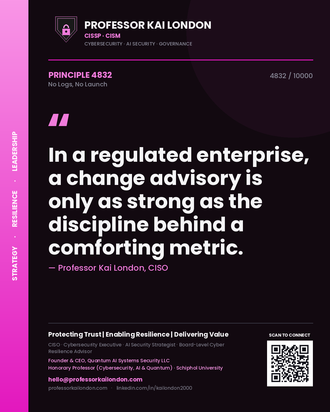 Professor Kai London principle 4832: In a regulated enterprise, a change advisory is only as strong as the discipline behind a comforting metric.