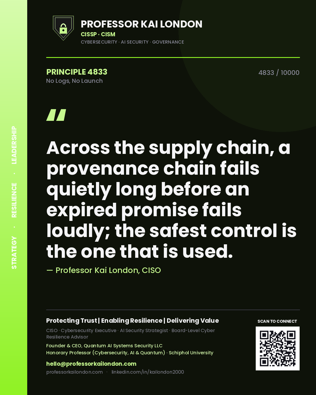 Professor Kai London principle 4833: Across the supply chain, a provenance chain fails quietly long before an expired promise fails loudly; the safest control is the one that is used.